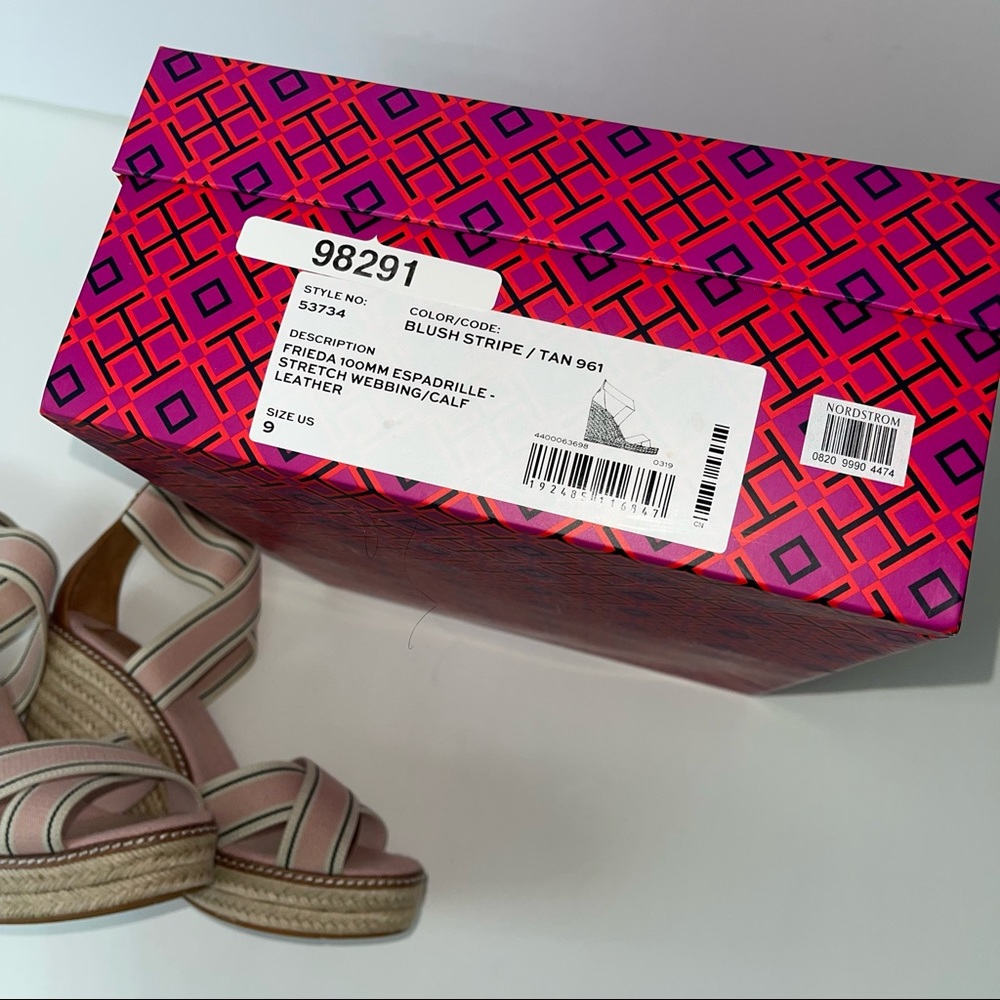 Tory Burch Frieda Espadrille -Stretch Webbing /Calf Leather &Strap Wedge Sandal - Picture 13 of 16